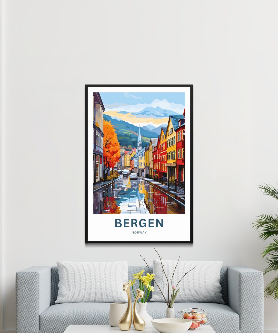 Personalized Bergen Norway Golden Autumn Rainy Street Scene Poster - Image 3