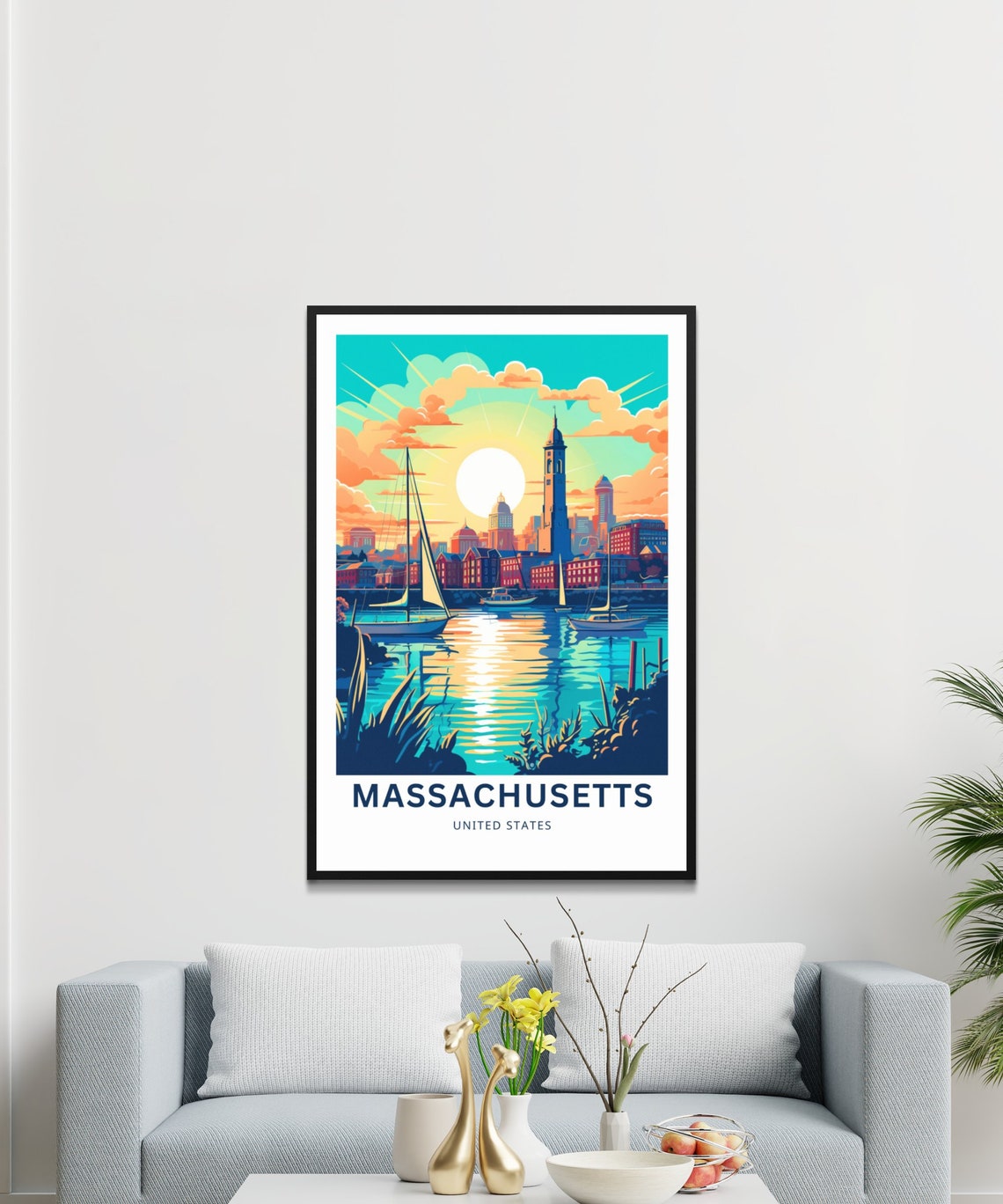 Personalized Massachusetts Harbor Sunset Sailboat Travel Poster - Image 3