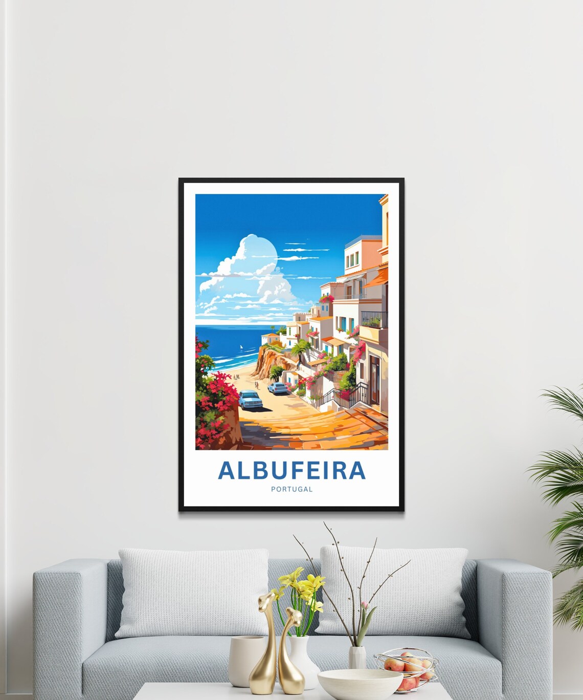 Albufeira Portugal Seaside Street Cars Beach Vintage Travel Poster - Image 3