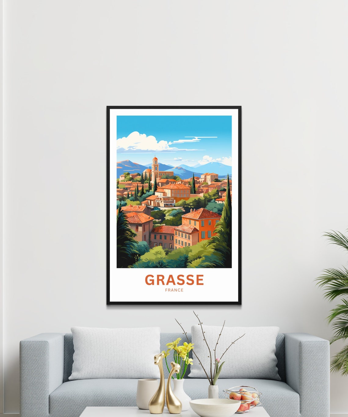 Grasse France Bell Tower Cypress Trees Provence Town Scene Poster - Image 3