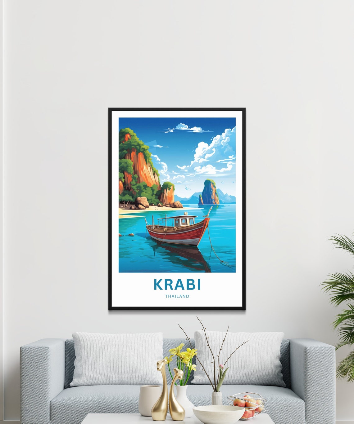 Krabi Thailand Tropical Limestone Karst Bay Red Boat Seascape Poster - Image 3