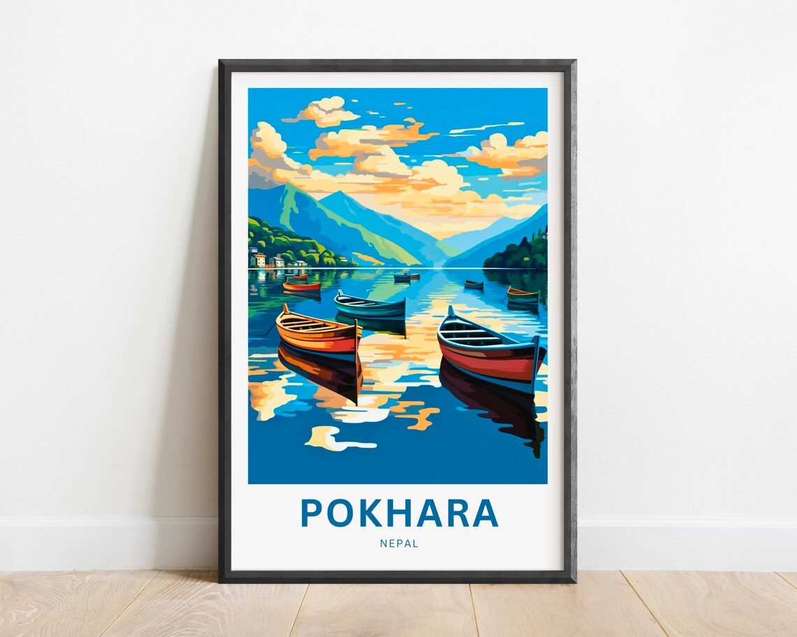Pokhara Nepal Phewa Lake Colorful Boats Sunset Travel Poster