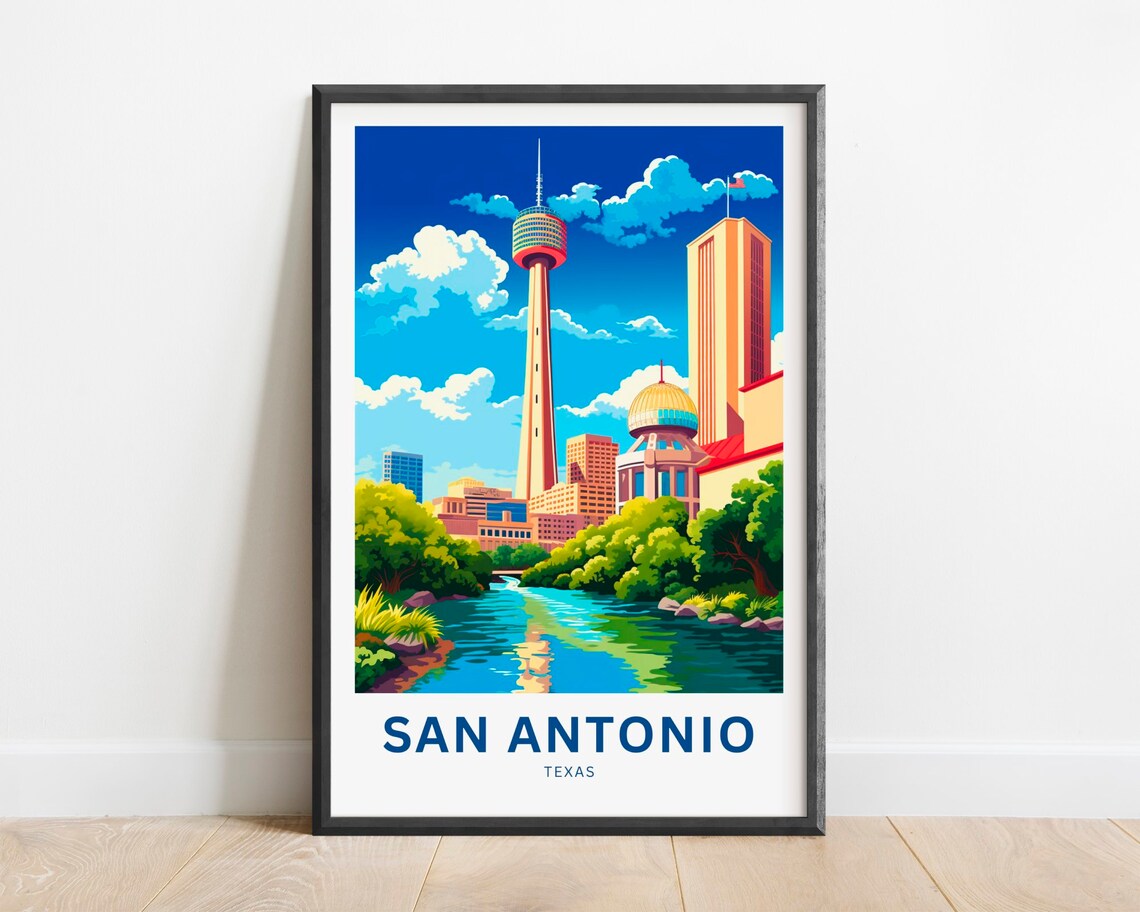 San Antonio Texas Tower of the Americas River View Travel Poster