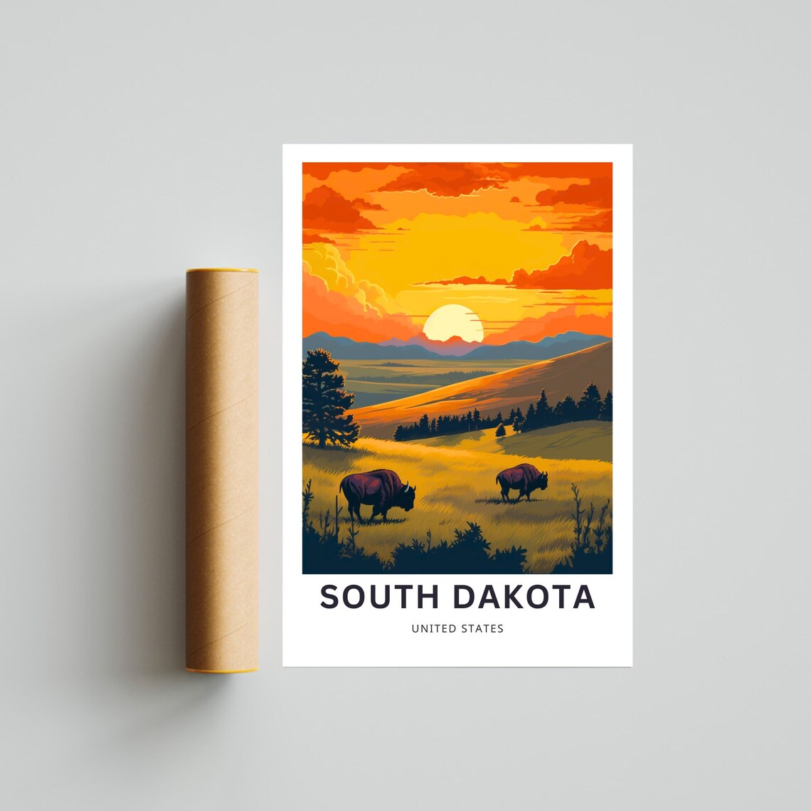 South Dakota Personalized Bison Prairie Sunset Grassland Travel Poster - Image 4