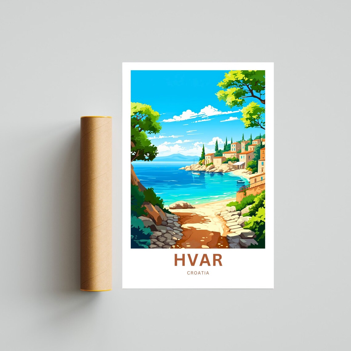Hvar Croatia Sunny Rocky Beach Cove Coastal Village Travel Poster - Image 4
