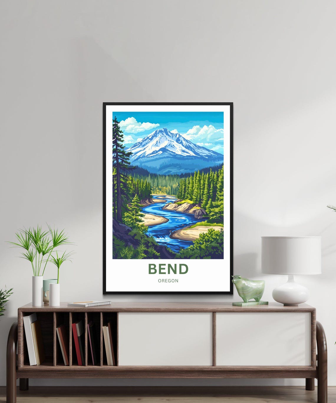 Bend Oregon Snow Capped Peak River Through Forest Travel Poster - Image 4