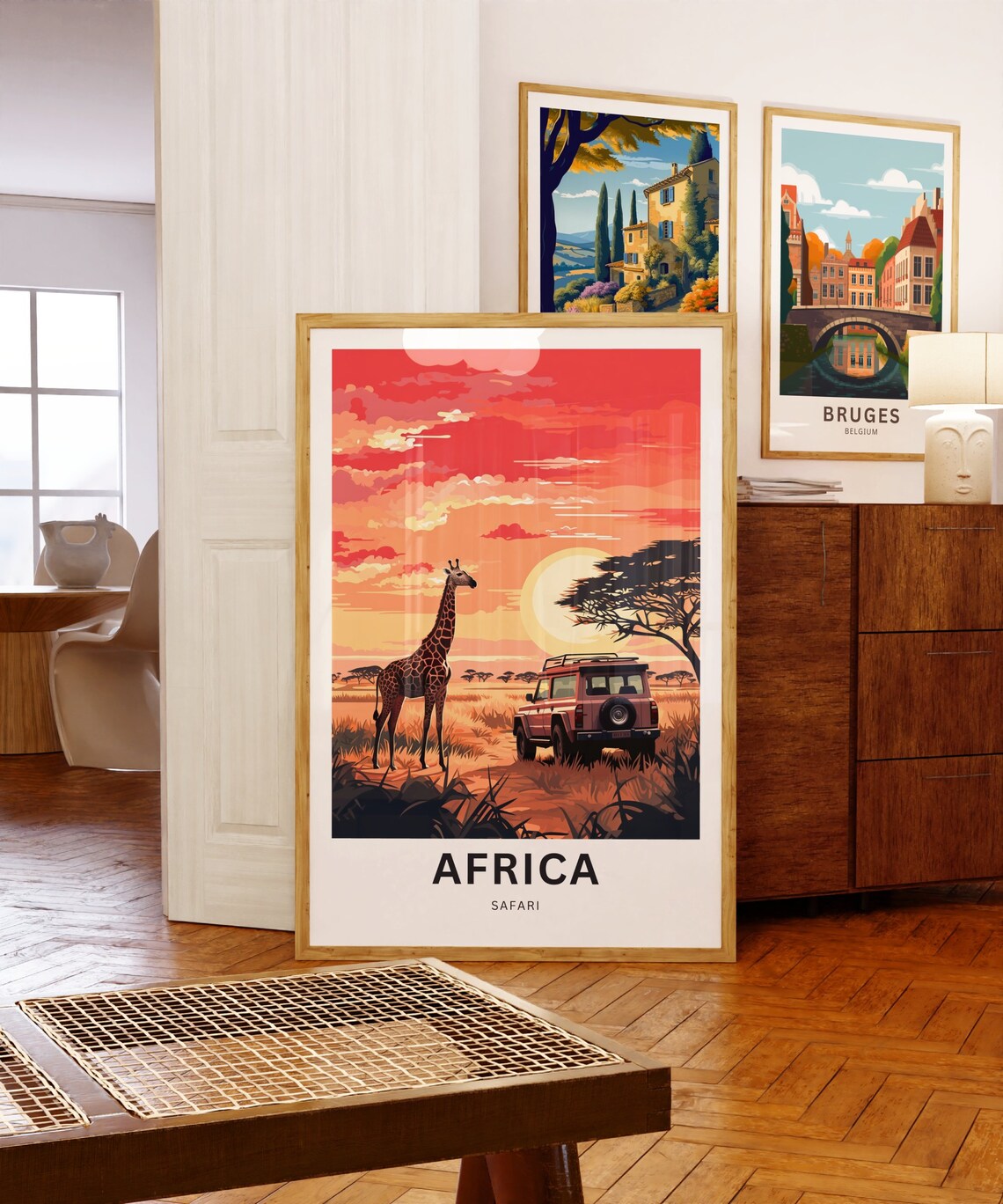 Africa Safari Sunset Poster with Lone Giraffe and Red Jeep Art - Image 5