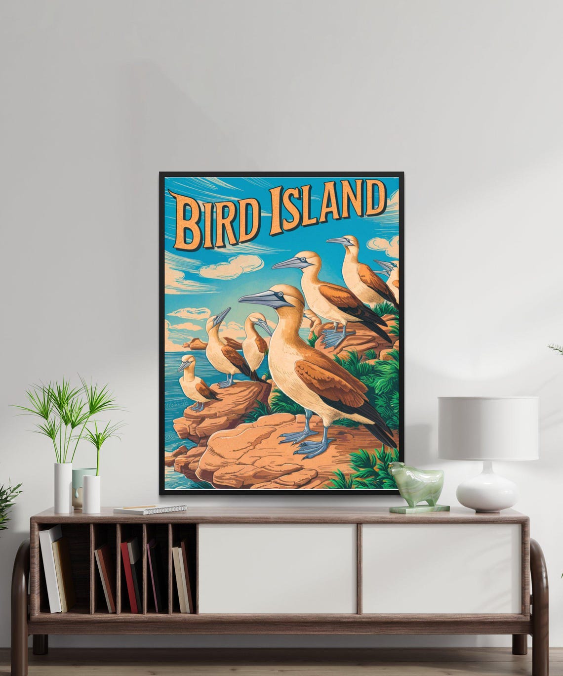 Bird Island Blue Footed Seabird Colony Red Cliffs Retro Travel Poster - Image 3