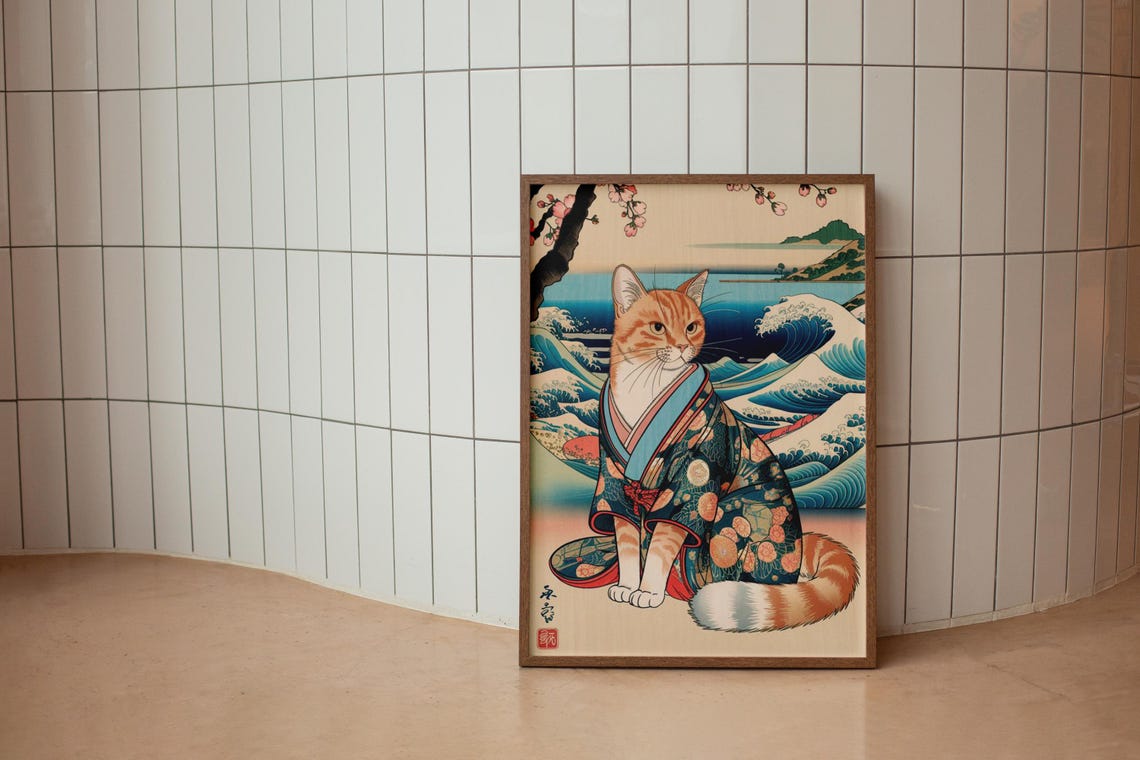 Orange Cat Kimono Great Wave Ukiyo-e Style Japanese Art Poster