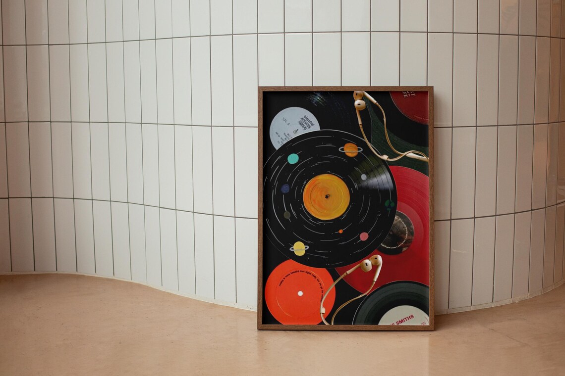 Colorful Vinyl Records Planet Solar System Earbuds Music Poster