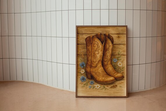 Tooled Leather Cowboy Boots with Wildflowers Rustic Art Poster