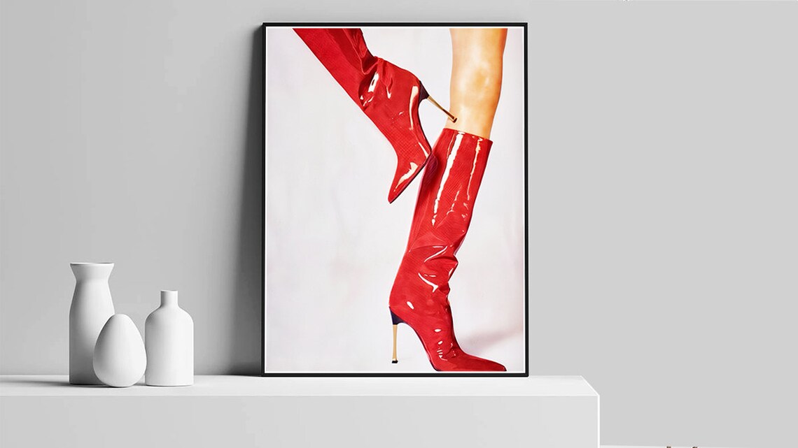 Glossy Red Patent Knee-High Boots Fashion Editorial Style Poster