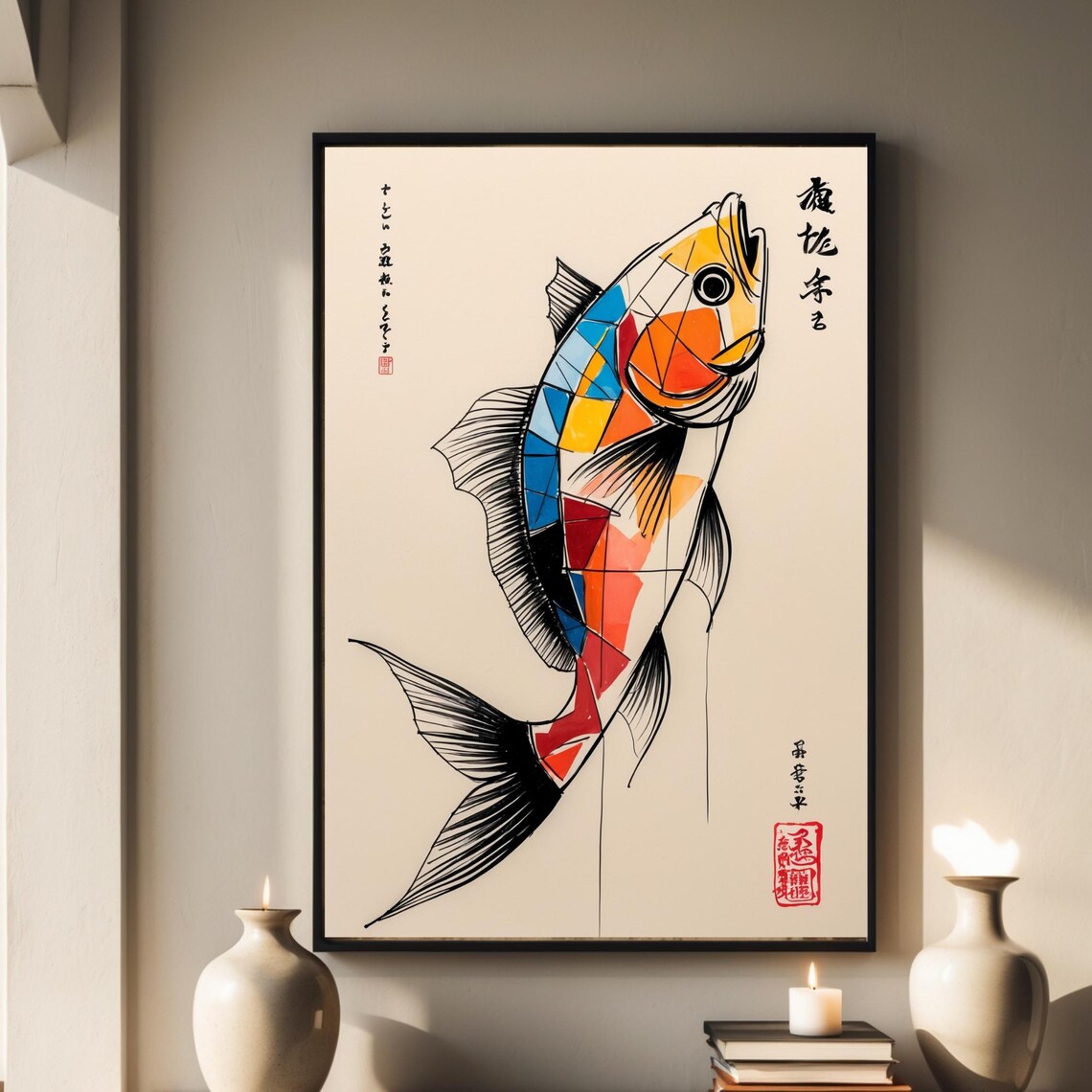 Colorful Cubist Fish Mosaic Geometric Japanese Style Art Poster