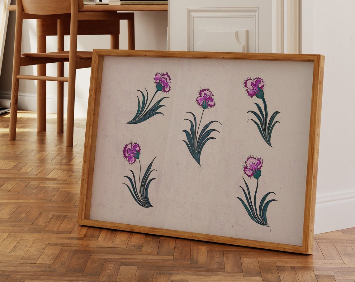 Purple Carnations Turkish Motif Five Blooms Botanical Art Wall Print - Image 2