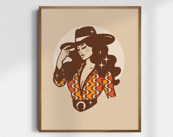 Groovy 70s Cowgirl Vintage Portrait Retro Western Woman Art Poster