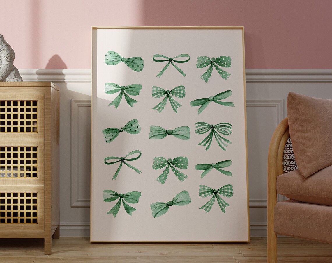 Green Watercolor Ribbon Bows Coquette Pattern Girly Wall Poster
