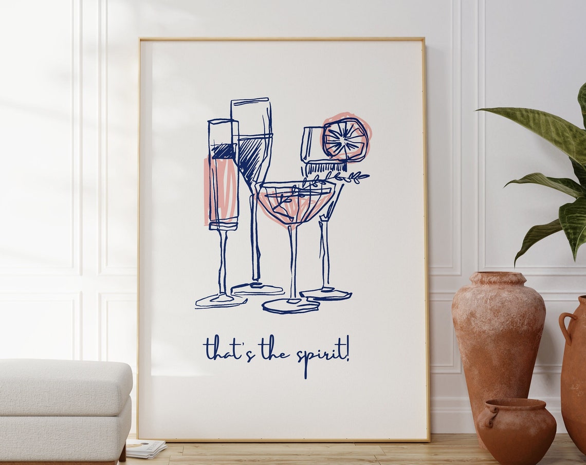 Thats The Spirit Cocktail Glasses Navy Line Art Bar Cart Print
