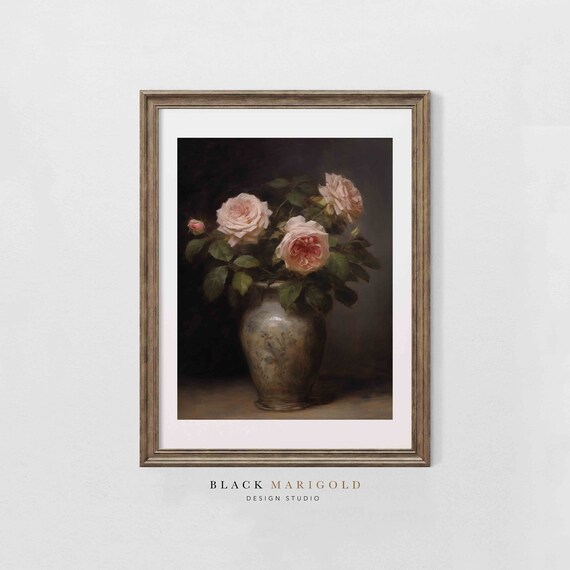 Pale Roses in Ceramic Vase on Dark Moody Gothic Style Poster