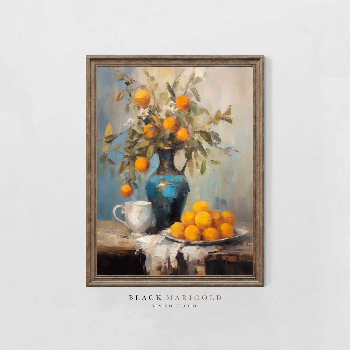 Teal Oranges in Blue Vase Vintage Still Life Painting Poster