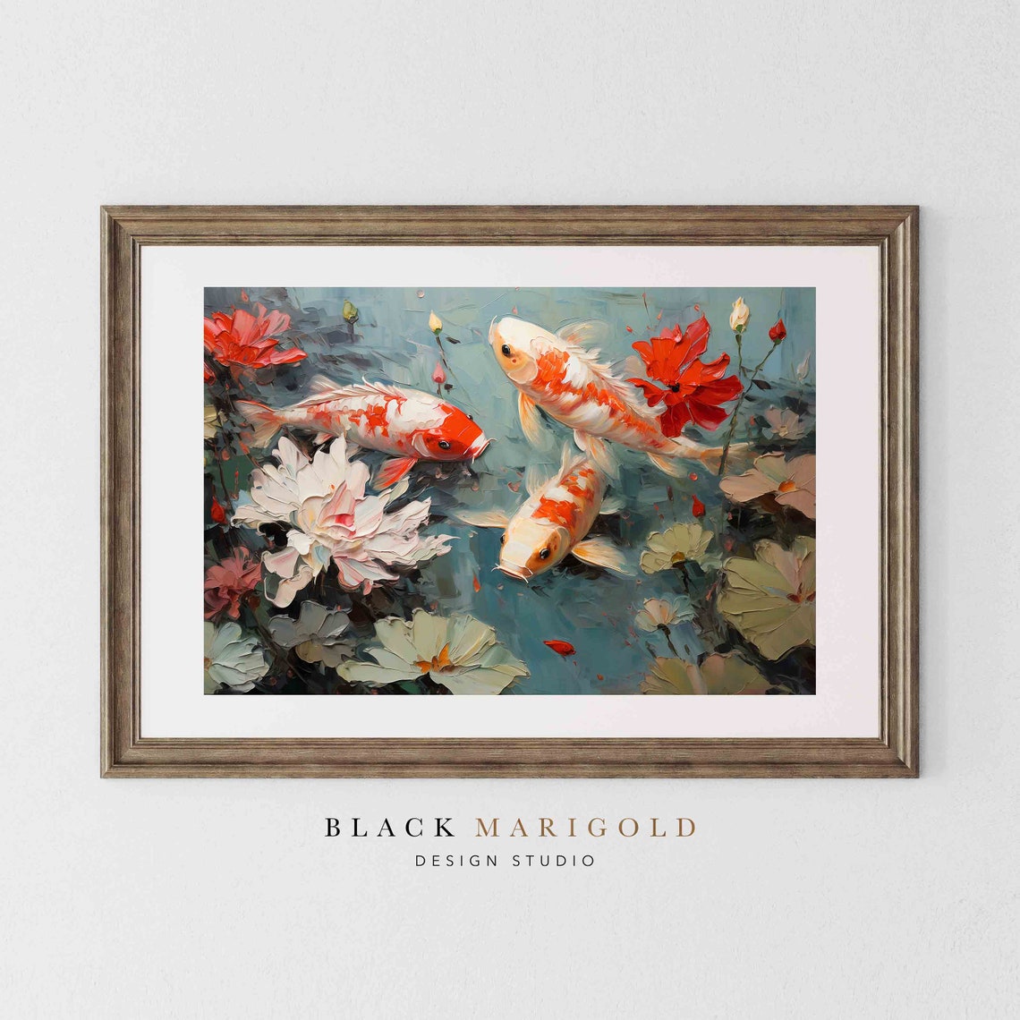 Koi Fish Swimming Among Pond Flowers Impasto Style Art Poster - Image 2