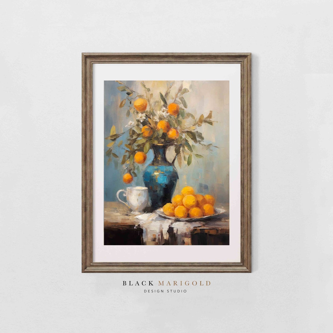 Teal Oranges in Blue Vase Vintage Still Life Painting Poster - Image 2