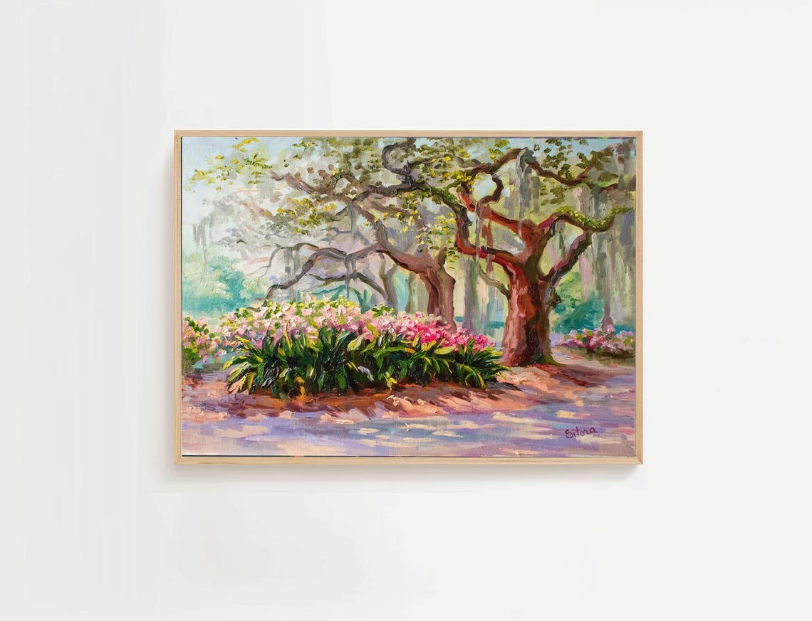 Live Oaks and Pink Azaleas Spanish Moss Southern Spring Art Poster