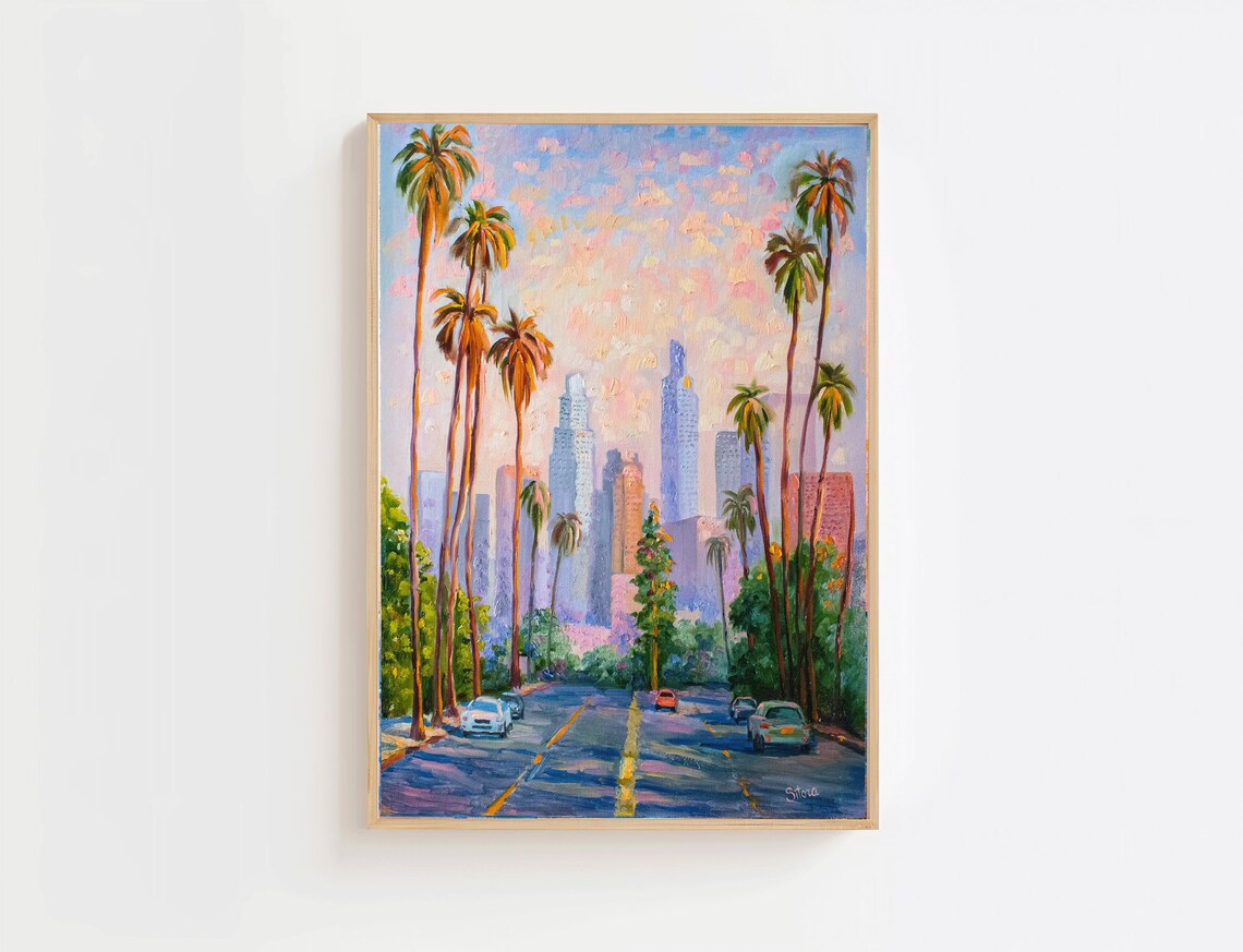 Los Angeles Downtown Skyline With Palm Trees, Art Print