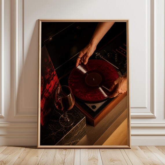 Ruby Red Vinyl Poster Turntable Hands Wine Glass Moody Listening Room Wall Art