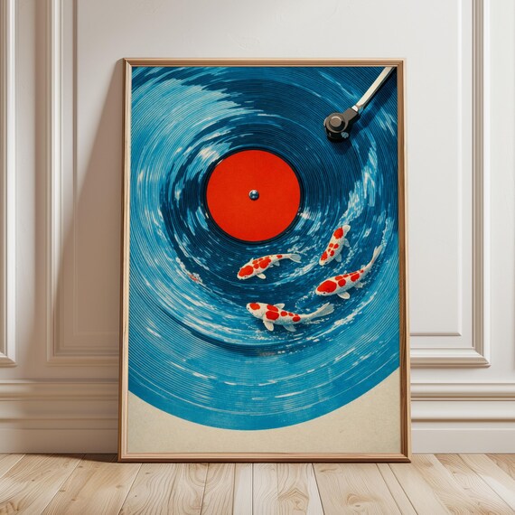 Koi Vinyl Record Poster Japanese Zen Blue Water Swirl Turntable Minimalist Wall Art