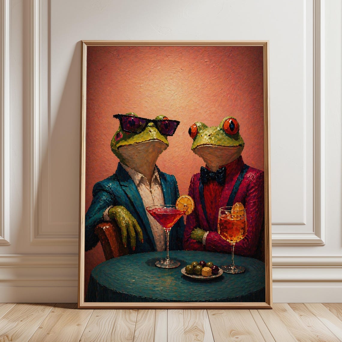 Impasto Frog Couple Cocktail Bar Mid Century Fun Animal Poster