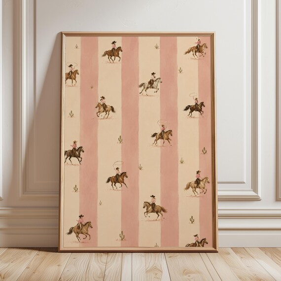 Pink Cowgirl Poster Western Horse Pattern Coquette Girls Room And Nursery Wall Art