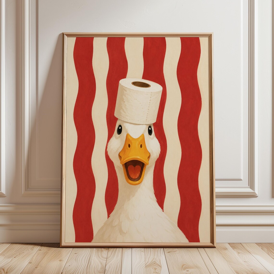 Funny Goose Toilet Paper Hat Red Stripe Silly Bathroom Wall Poster