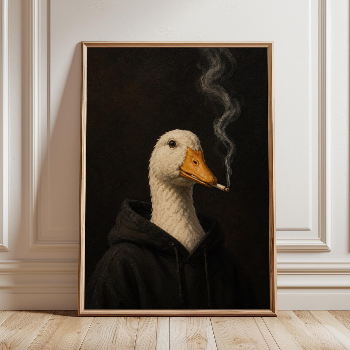 Moody Funny Goose Portrait Black Hoodie Smoking Dark Humor Poster