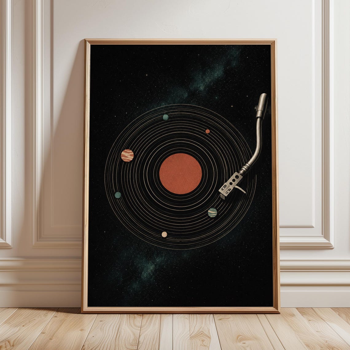 Vinyl Solar System Poster Minimal Space Art Turntable Tonearm Retro Sci Fi Wall Decor