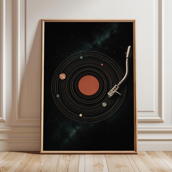 Vinyl Solar System Poster Minimal Space Art Turntable Tonearm Retro Sci Fi Wall Decor