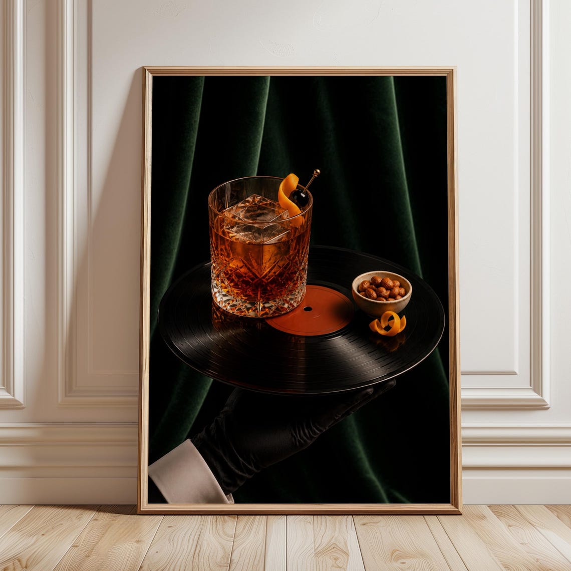 Old Fashioned Vinyl Record Poster Green Velvet Cocktail Bar Art Moody Lounge Wall Decor