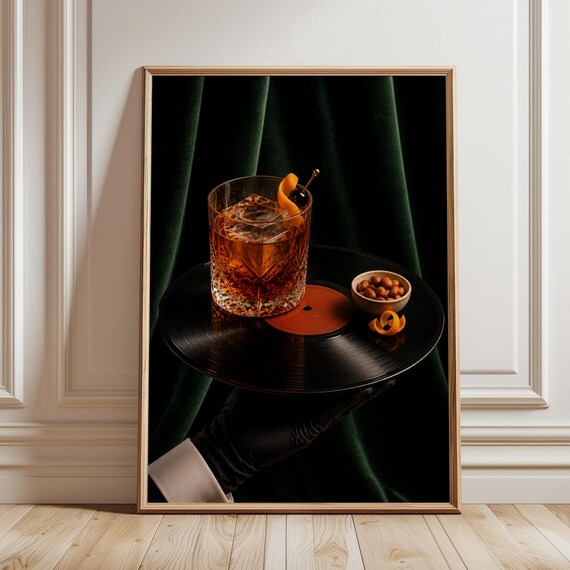 Old Fashioned Vinyl Record Poster Green Velvet Cocktail Bar Art Moody Lounge Wall Decor