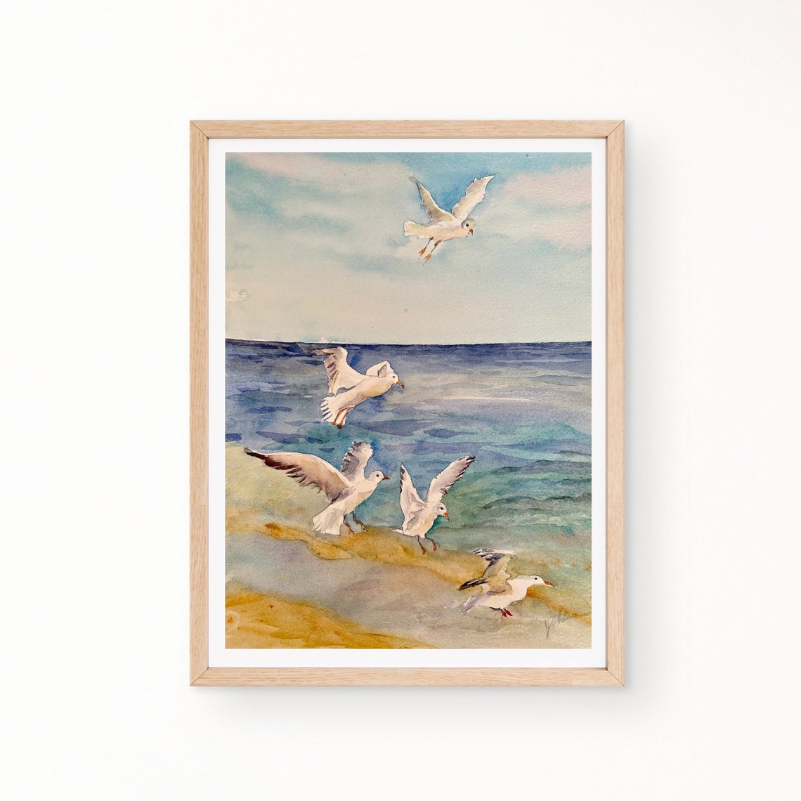 Seagulls Original Watercolor Painting Nautical Art Seagulls Artwork Seagulls On Seaside 10x14 In