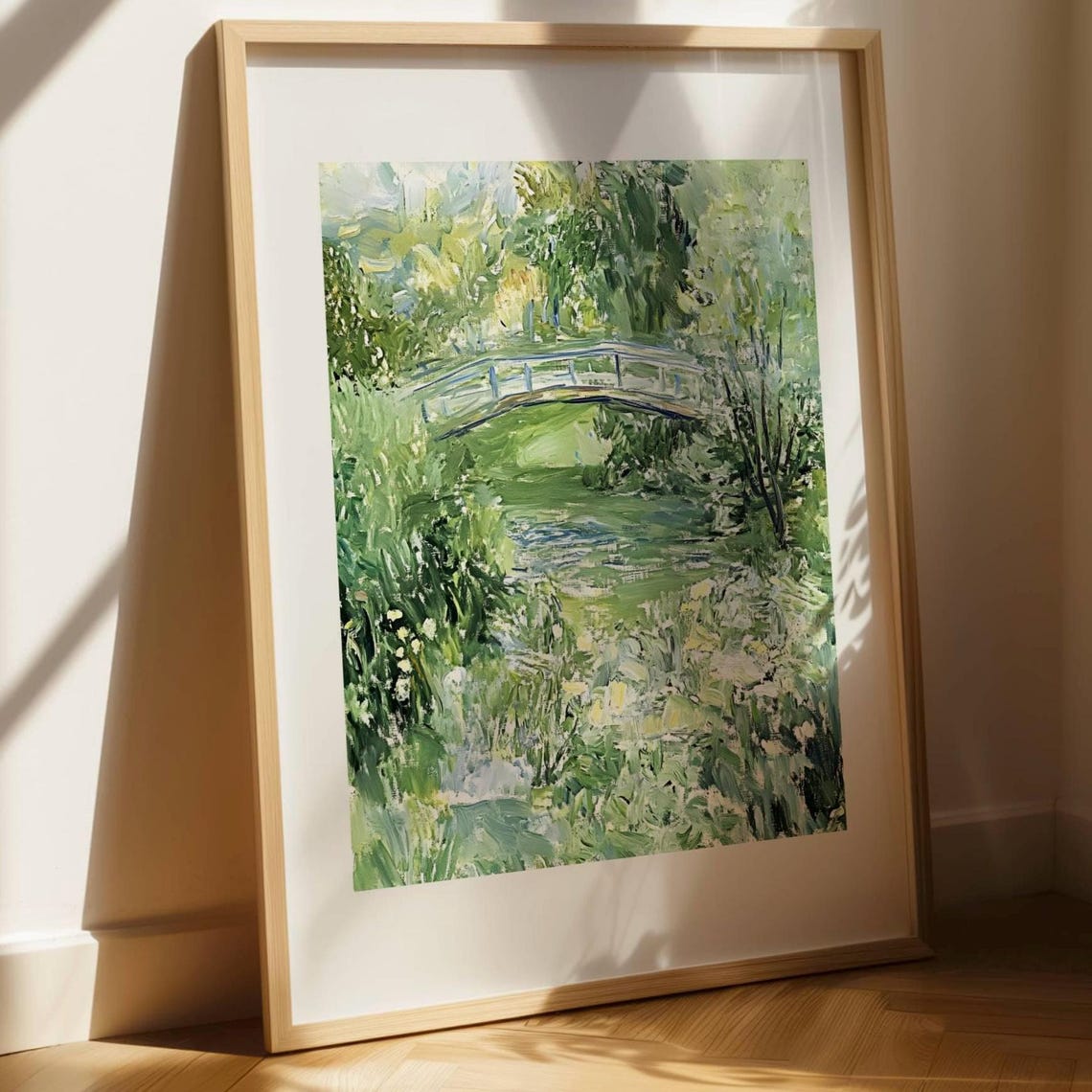 Impressionist Green Bridge Landscape Monet Style Wall Art Nature Print Artwork