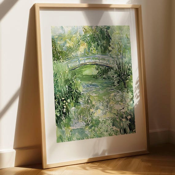 Impressionist Green Bridge Landscape Monet Style Wall Art Nature Print Artwork
