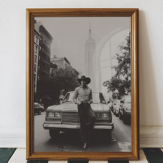 Cowboy Leaning on Vintage Car Empire State Building NYC Street Photo Poster