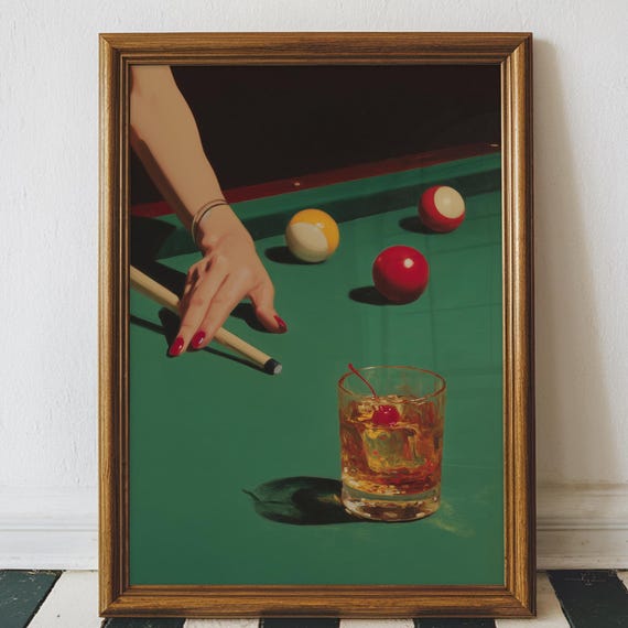 Vintage Dive Bar Pool Art Print Old Fashioned Cocktail Digital Download