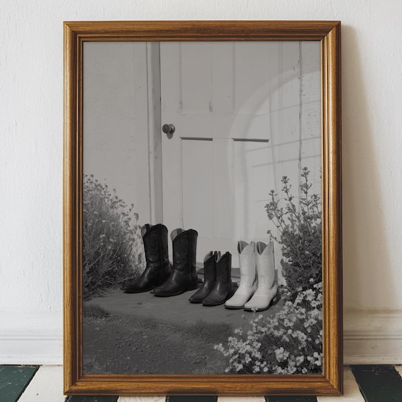 Cowboy Boots Lined Up at Farmhouse Door Black and White Photo Poster