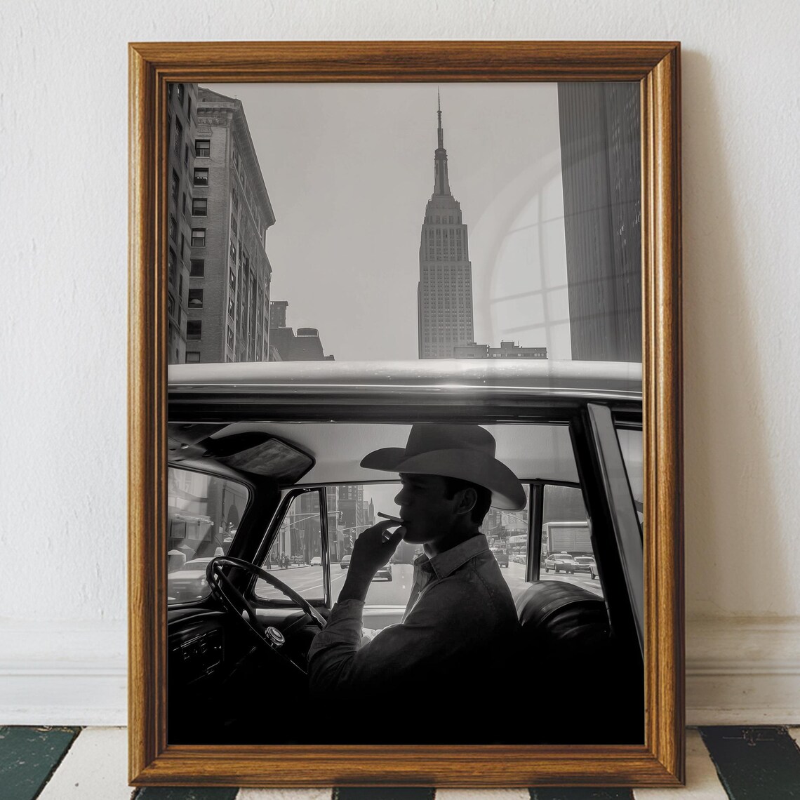 Cowboy Driving Vintage Car with Empire State Building NYC Street Photo Poster