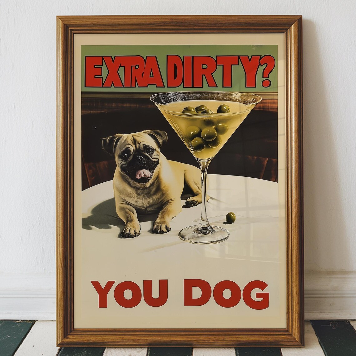 Pug Dirty Martini Art Print, Funny Dog Bar Decor