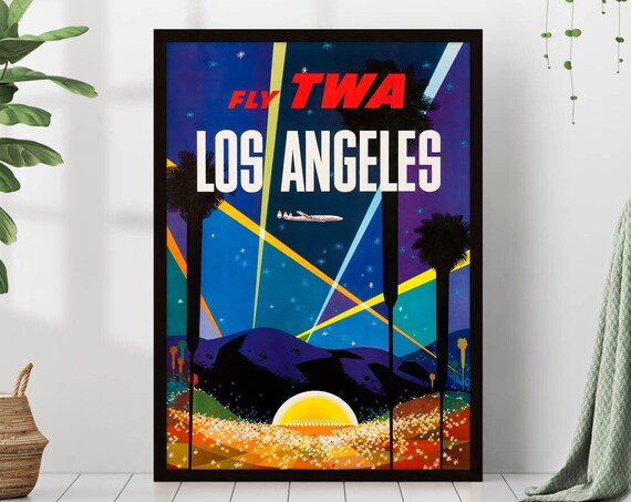 Fly TWA Los Angeles Vintage Night City Lights Airline Art Poster
