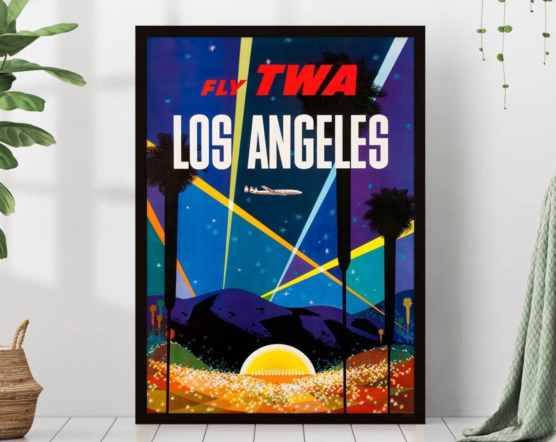 Fly TWA Los Angeles Vintage Night City Lights Airline Art Poster