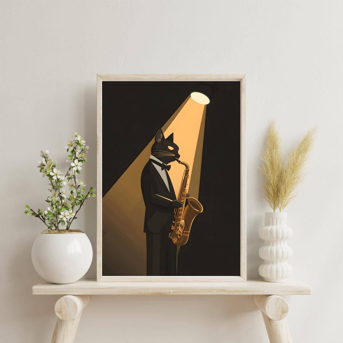 Black Cat in Tuxedo Playing Saxophone Under Spotlight Poster - Image 3