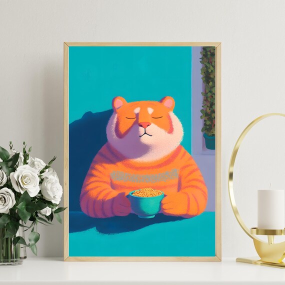 Cozy Orange Tiger in Knit Sweater Holding Bowl of Noodles Poster