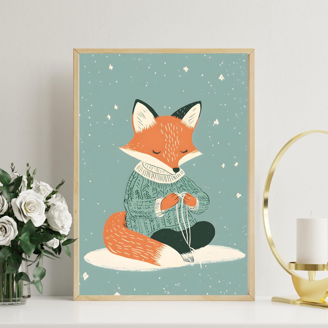 Fox Knitting in Sweater Winter Snowfall Cozy Animal Nursery Art Poster - Image 8